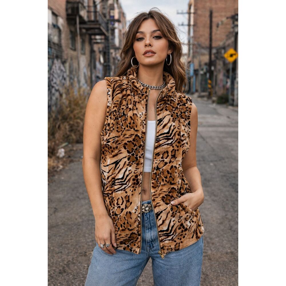 Vintage Style Leopard Tiger Print Velour  Vest – Sleeveless Animal Print
